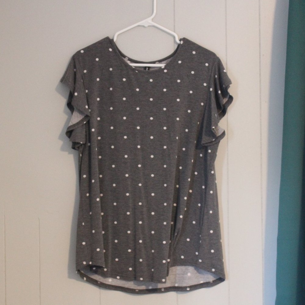 Ruffle sleeve, tunic blouse top Charcoal Heather Gray with Polka Dots